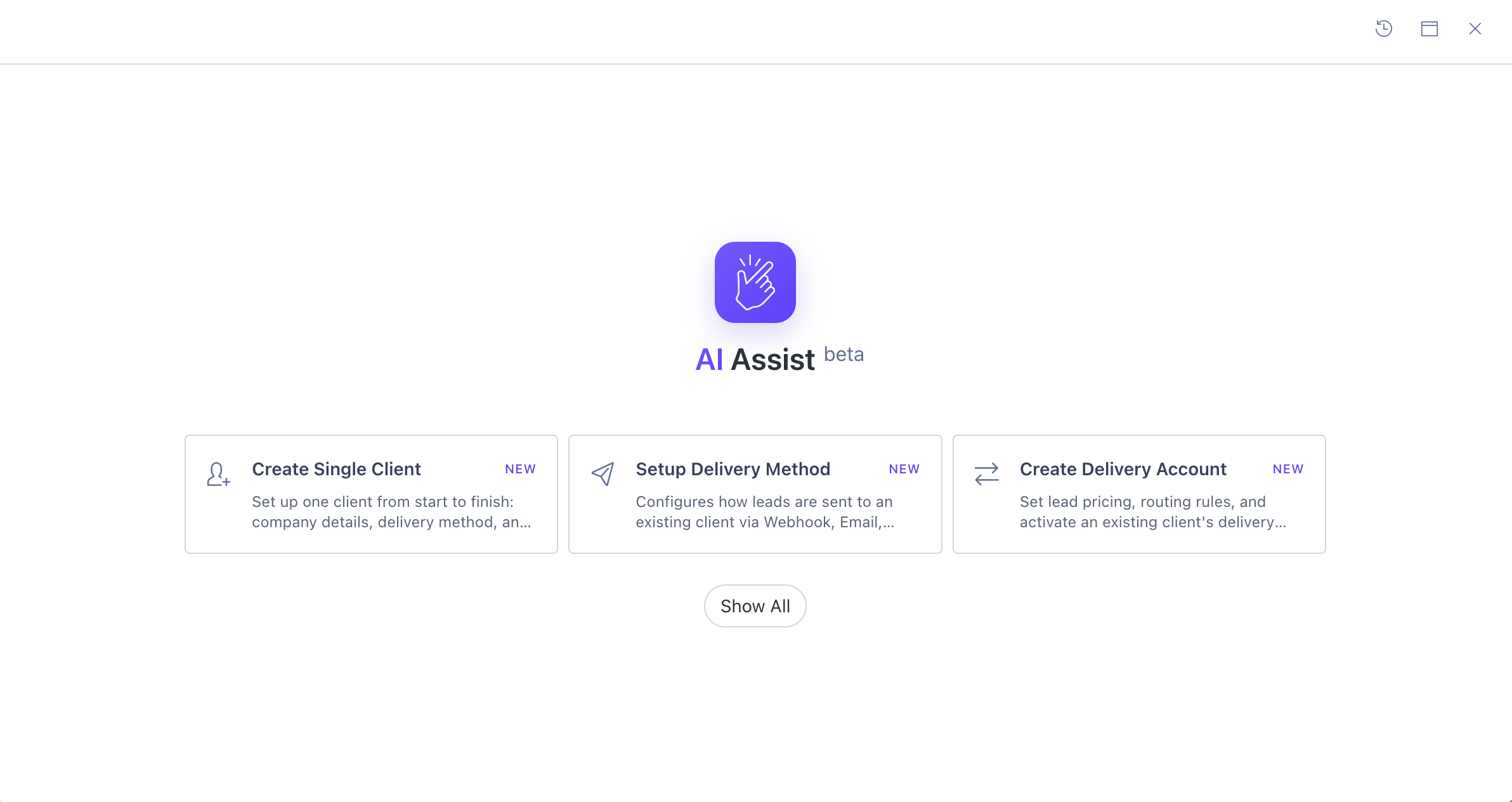 AI Assist launcher inside LeadExec showing guided setup actions